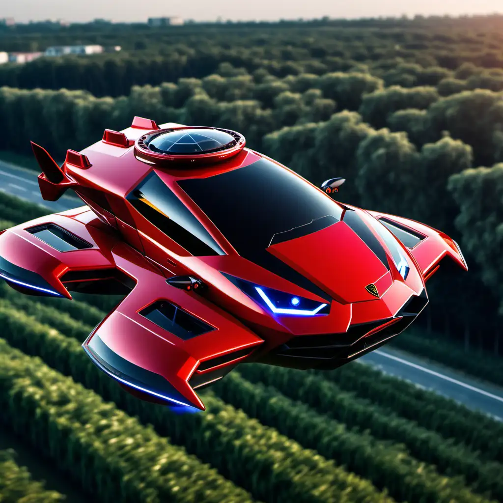electric flying  red lamborghini style  hovercar IN MIDAIR