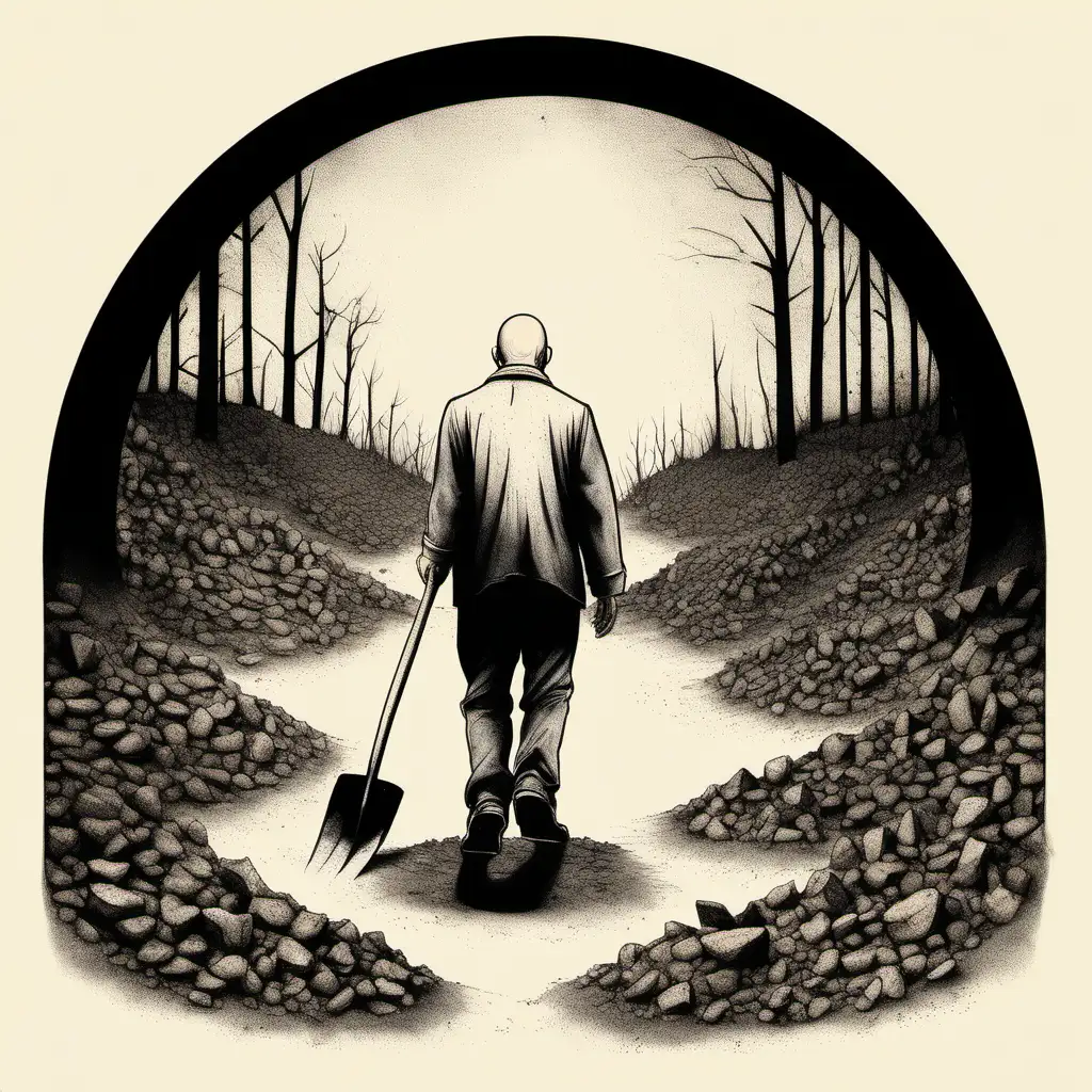 Bearded Man Walking from Hole Black Ink Drawing Album Cover