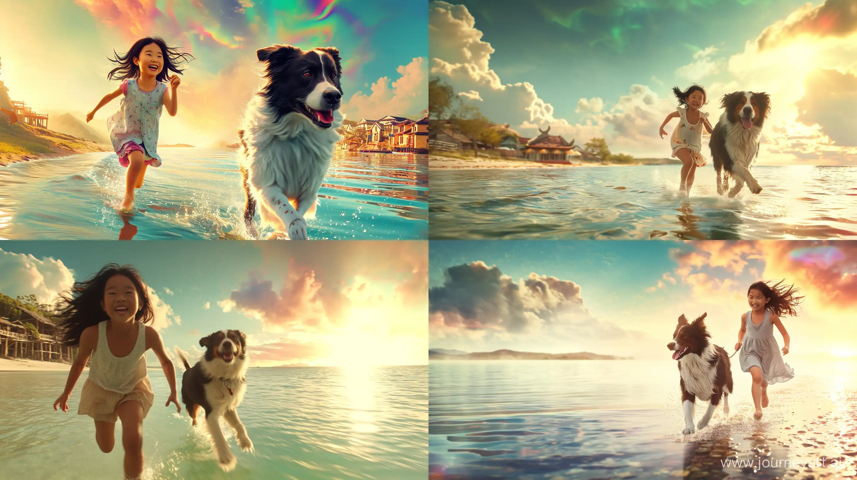 /imagine prompt: Scene 1 - Evelyn, a 12-year-old Asian girl, and her wise old Border Collie, Enzo, exploring crystal-clear lakes and the vast ocean beside her quaint village in Azura, a mystical land where the sky shimmers with iridescent hues and waters sparkle like liquid sapphire. Visualize a serene, picturesque setting with Evelyn joyfully running along the water's edge, Enzo loyally following, against a backdrop of shimmering waters and vibrant skies. Composition should capture the essence of adventure and wonder, with bright, warm lighting and a wide-angle view to encompass the expanse of the landscape. Mood is joyful and full of youthful curiosity. --v 6 --style raw --ar 16:9