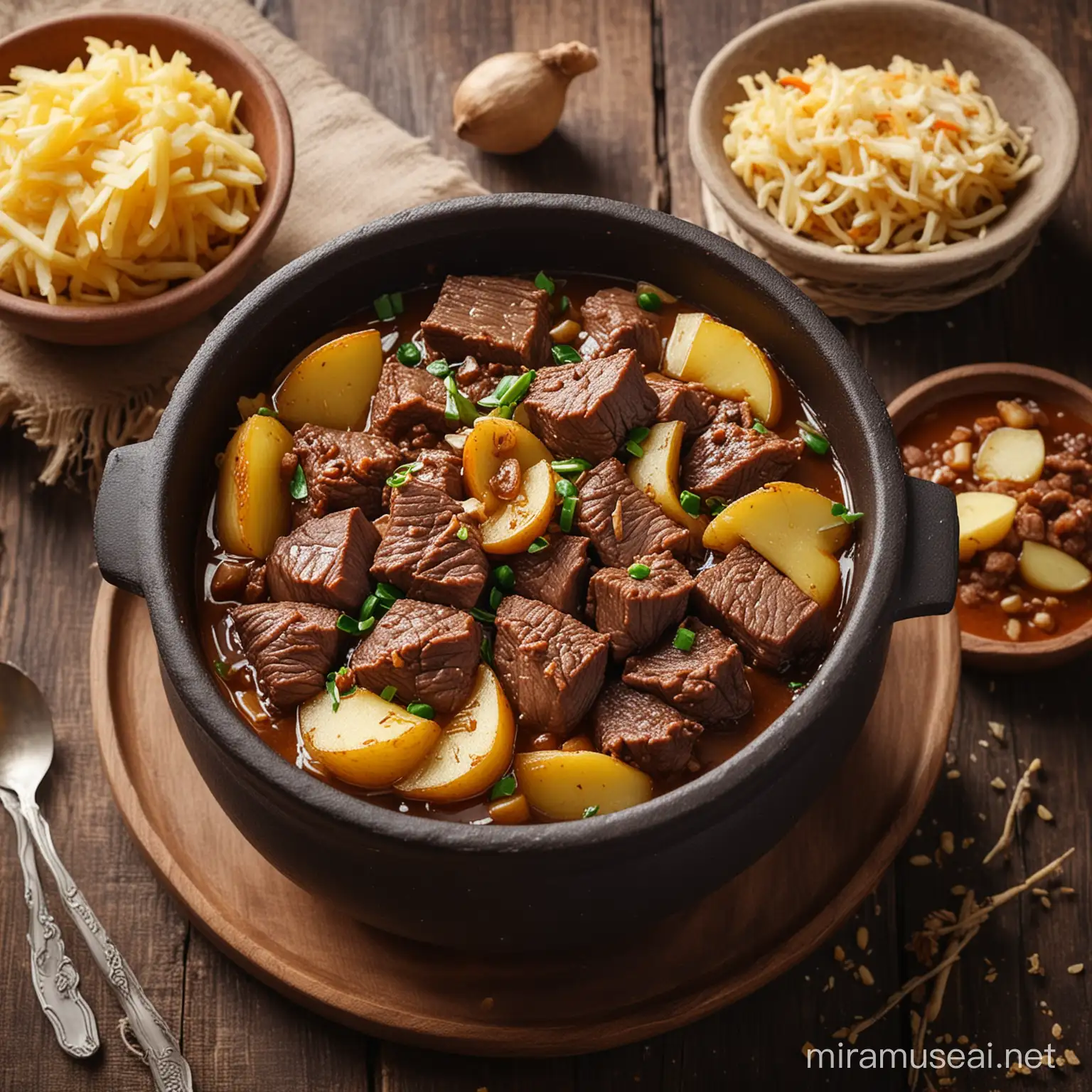 give me a food photography of beef semur with potato from Indonesia in a traditional pot with high 45 degree angle shots. Add fried garlic on top of the beef. Make it look appetizing and focus on the beef