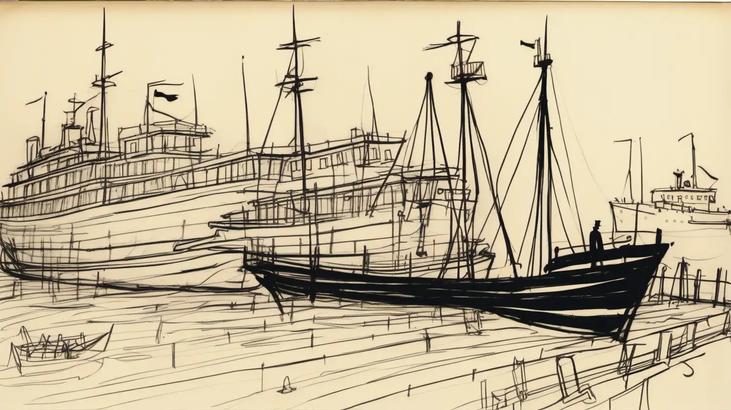 dock next to a ship,  Ludwig Bemelmans style sketch