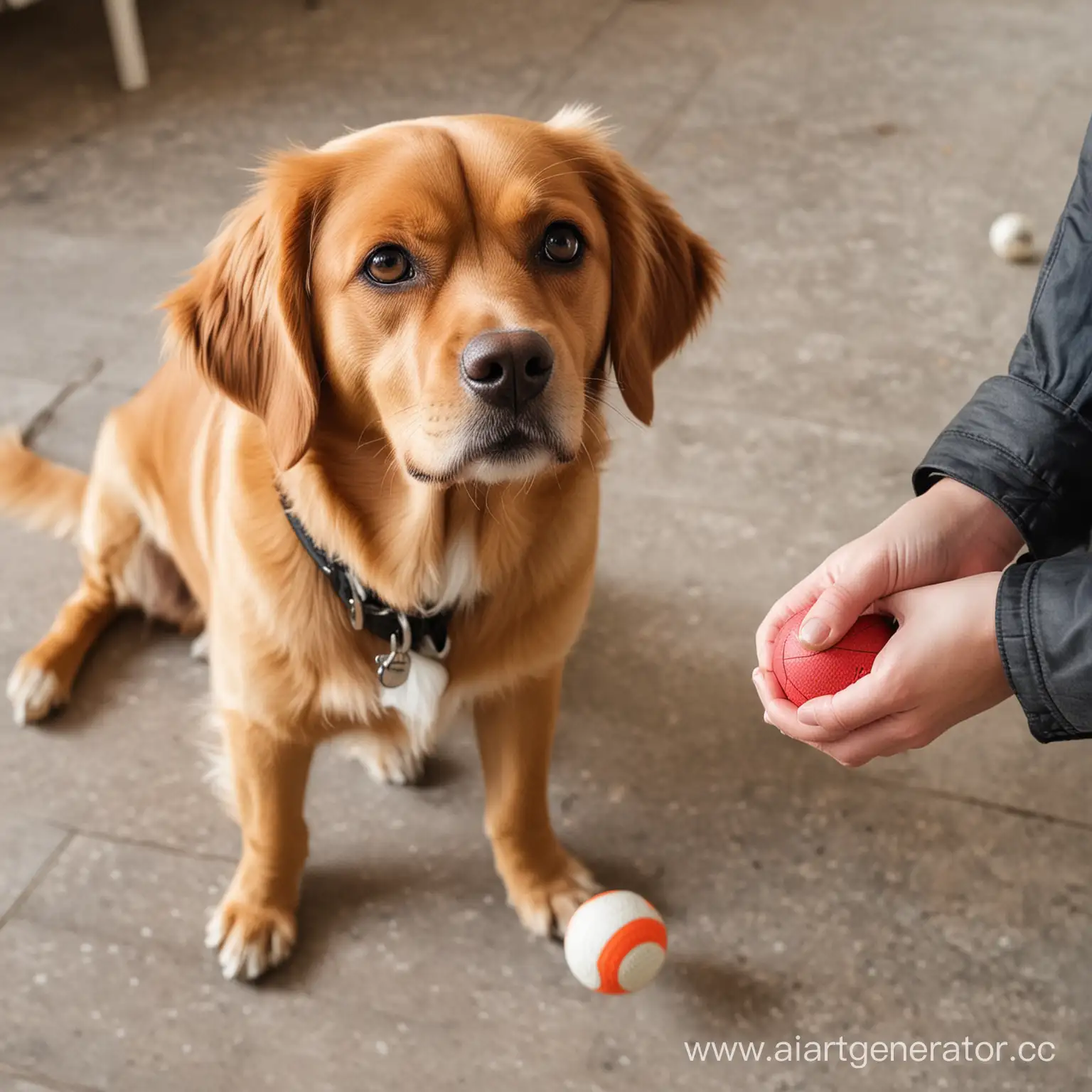 собака,сидящая напротив человека,у человека в руке мячик,собака смотрит на мячик