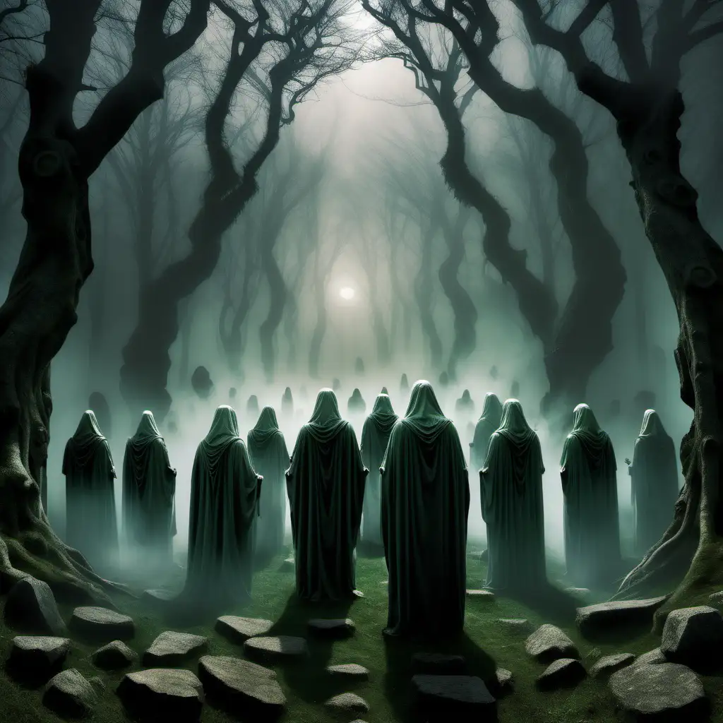 High atop the mist-shrouded mountains, the Council of Druids gathered in a sacred grove, their cloaked figures casting elongated shadows upon the ancient stone circles. 
