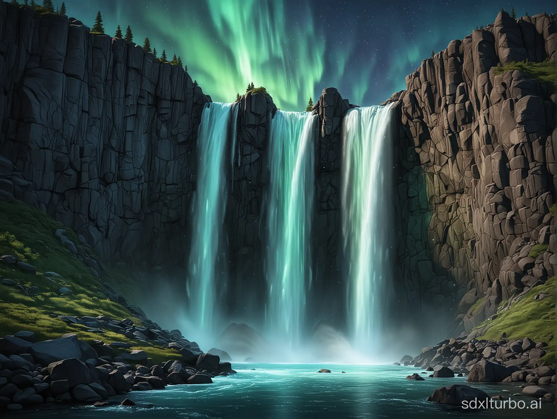 realistic, aurora borealis waterfall