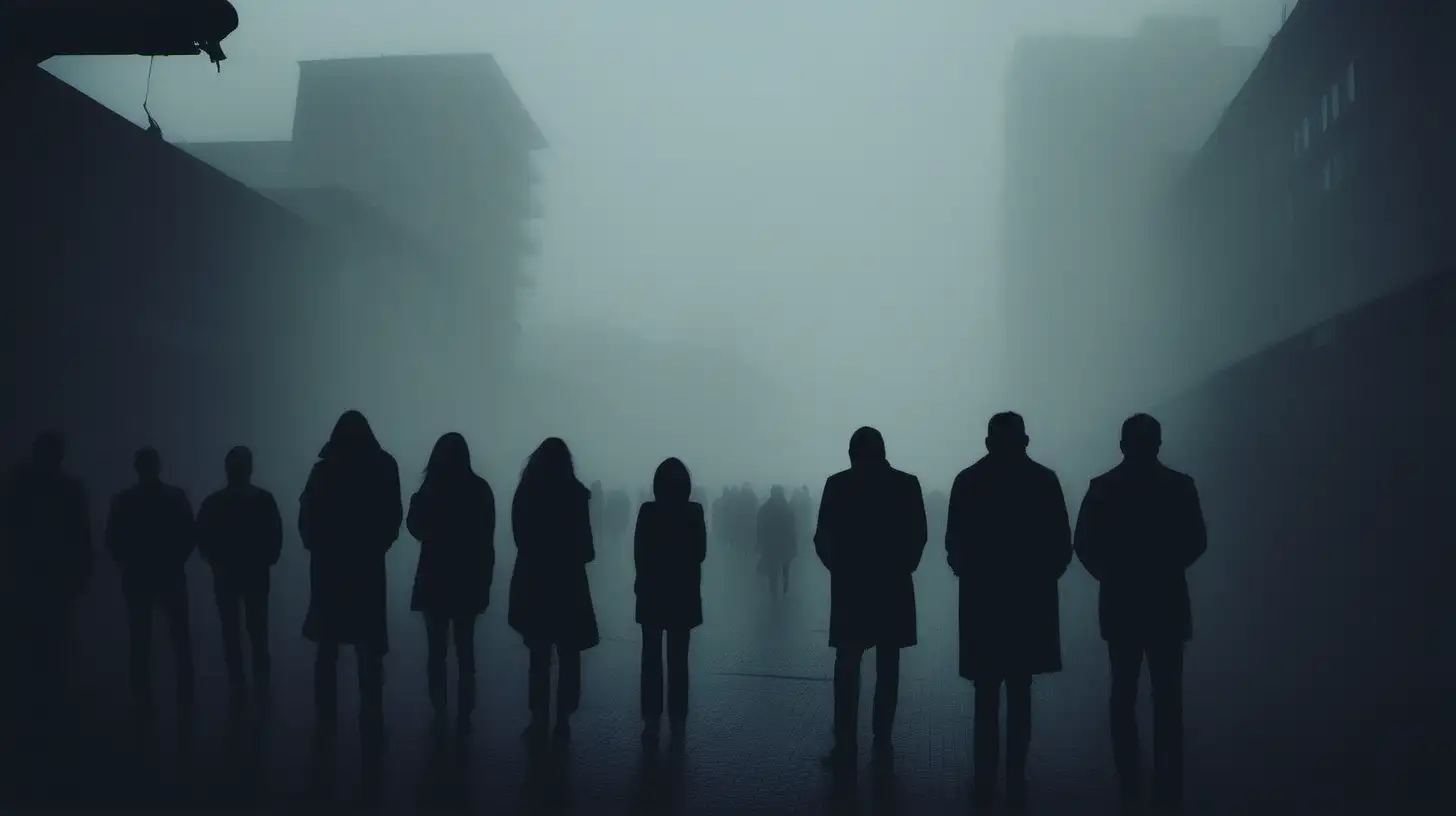 dark ambient, foggy city, people standing, dark silouhettes
