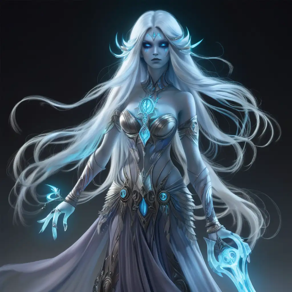 has an ethereal presence with flowing hair resembling wisps. Dressed in ghostly urban attire adorned with banshee motifs, her eyes glow with a spectral light. carries a banshee-themed scepter.