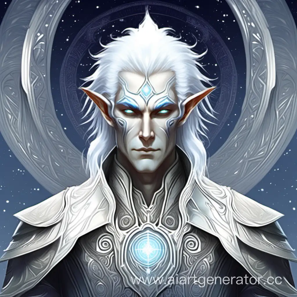 Астральный эльф мужчина с бледно-белой кожой и белыми фолосами и глазами 175 см роста среднего возраста и дастаточно мудрый