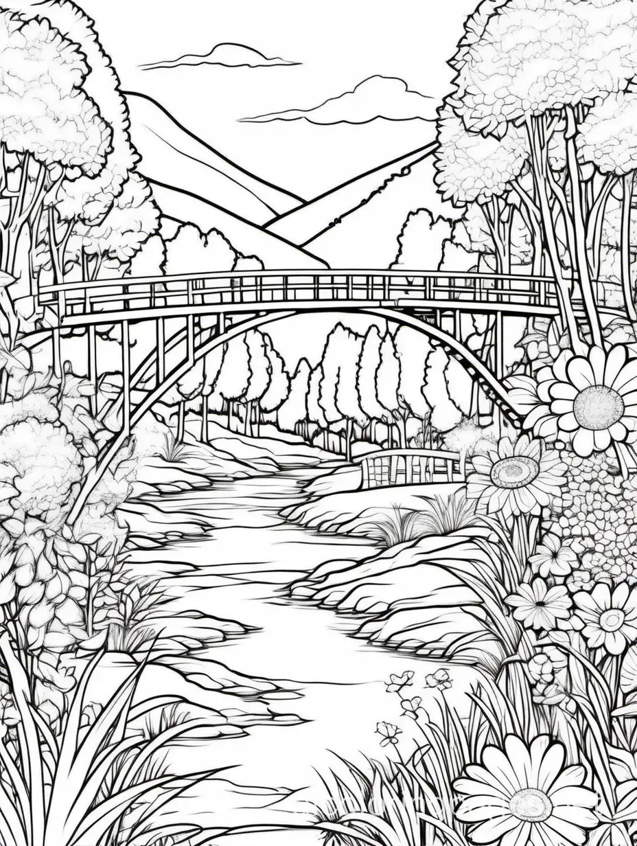 beautiful landscape of nature forest, bridge and rive and lot of flowers, Coloring Page, black and white, line art, white background, Simplicity, Ample White Space. The background of the coloring page is plain white to make it easy for young children to color within the lines. The outlines of all the subjects are easy to distinguish, making it simple for kids to color without too much difficulty