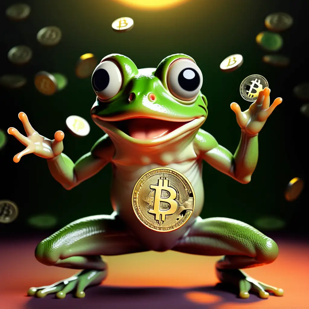 money frog with bitcoin in eyes dancing wild