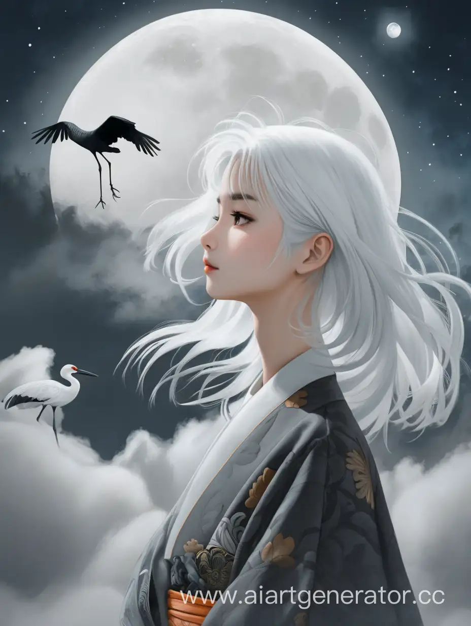 crane bird, girl with white hair, moon and clouds
