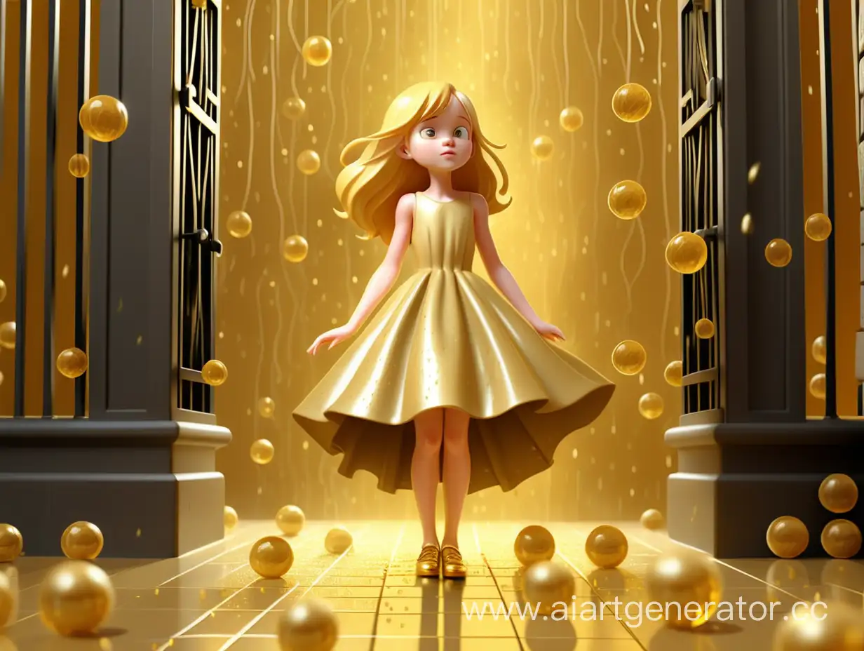 На золотом фоне  девочка  с золотыми волосами золотым платьем и золотыми туфлями стоит под воротами а на неё льётся золотой дождь золотые кристальные шары которые лежат на полу 3д анимация