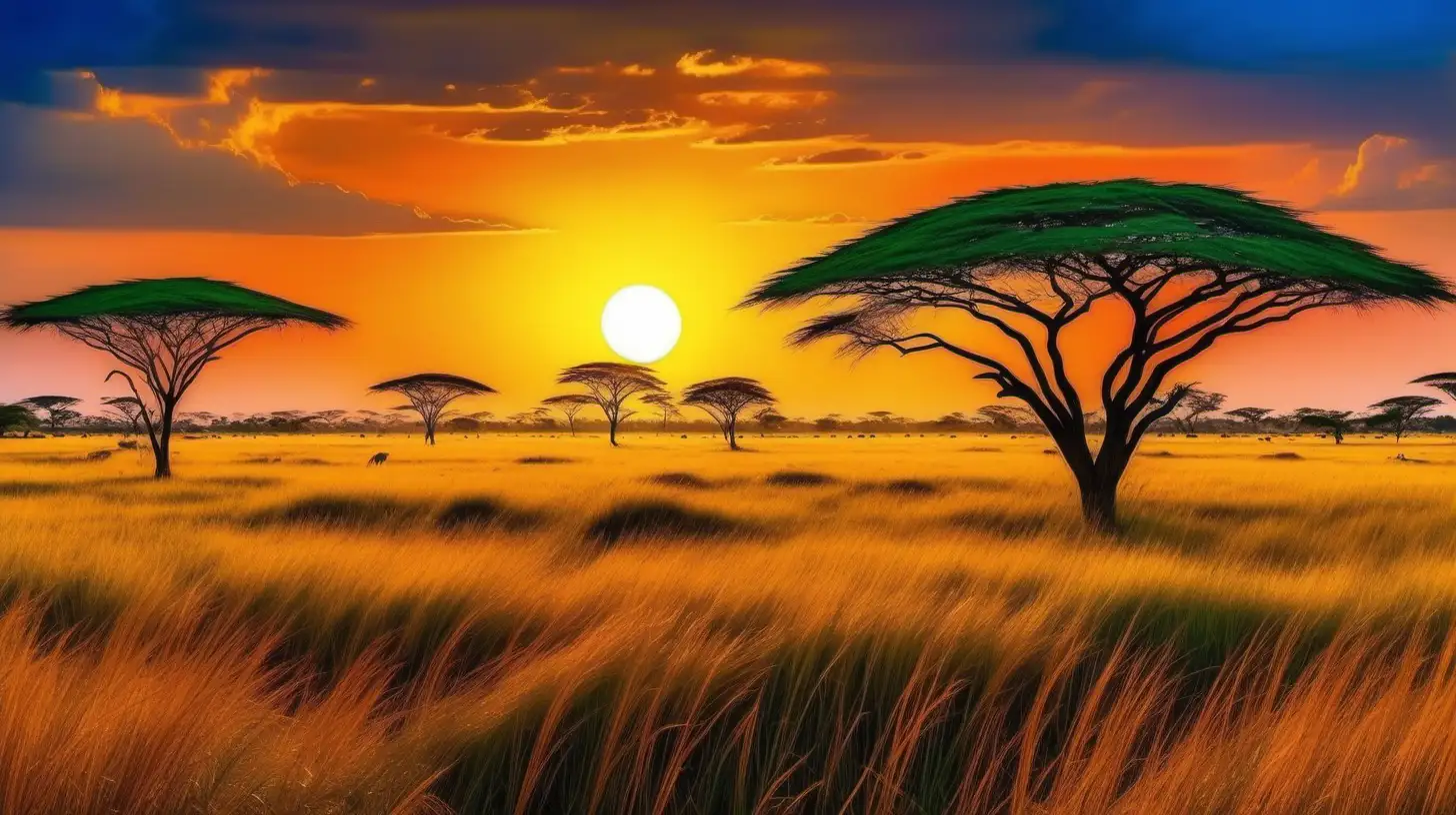 Capture the vibrant beauty of the African grasslands: showcase the diverse array of colors that paint this breathtaking landscape. Highlight the rich hues of the golden savanna grass, the striking contrast of the blue sky against the greenery, and the vivid tones of wildlife that adorn this scenic expanse. Show us the kaleidoscope of colors that define the essence and vitality of Africa's grasslands.