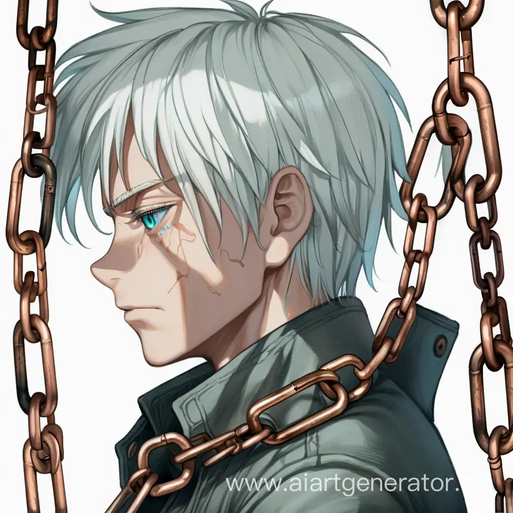 грустный мальчик с белыми волосами и сине-зелёными глазами закован в медные цепи