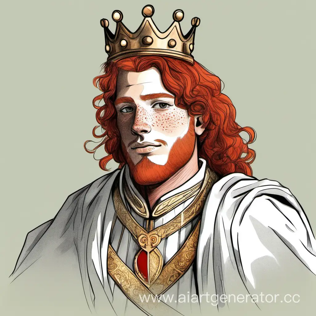 Нарисованный  мужчина с рыжими волосами и карими глазами, на его щеках и носу веснушки на его голове корона, он новит королевские вещи