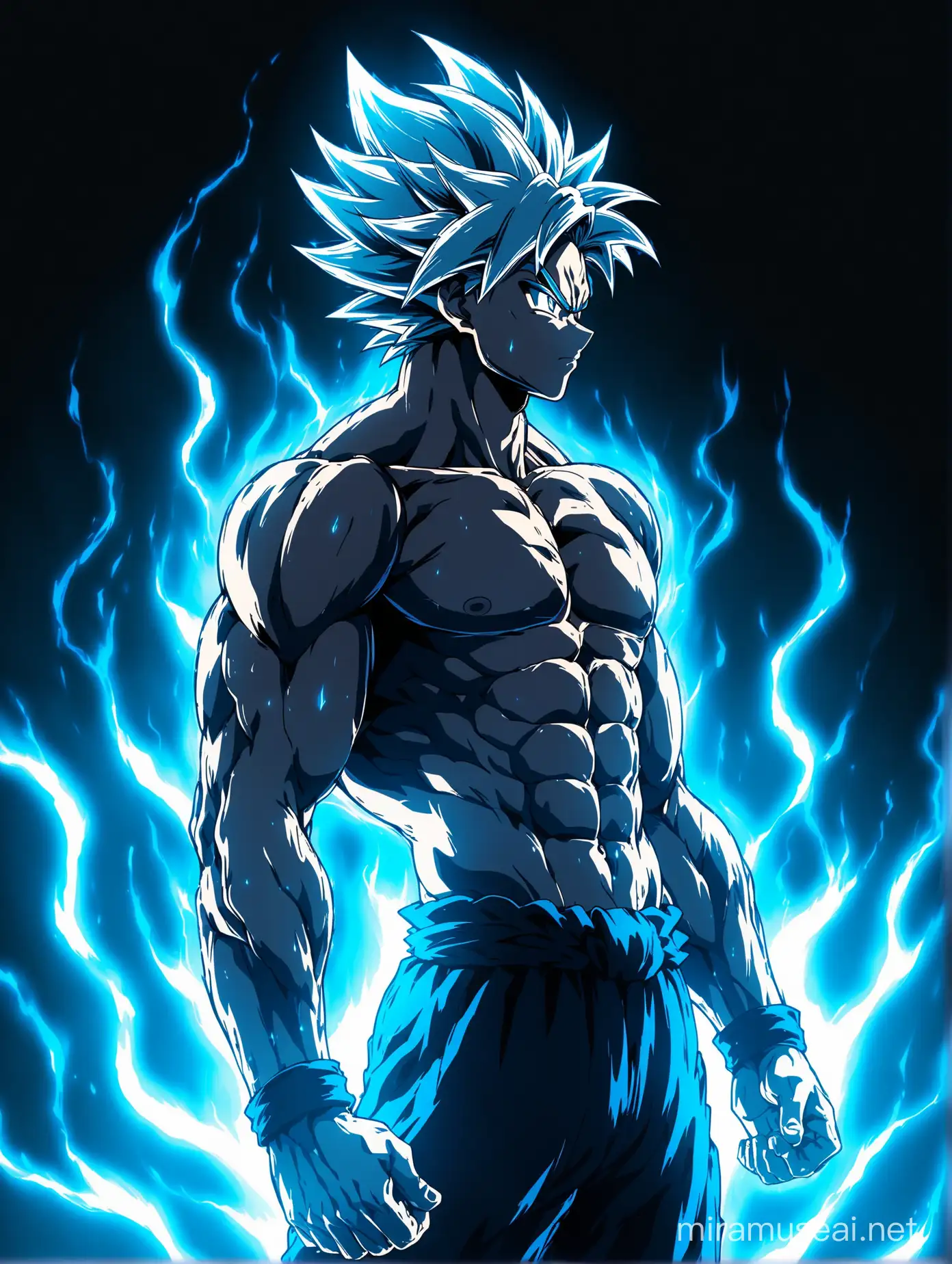Shirtless Goku With a new very Dark Blue and Light Cyan transformation with strong ultra Dark BLue and Light blue lighting aura, he's lean and vascular, he has white hair only no other colors, side view