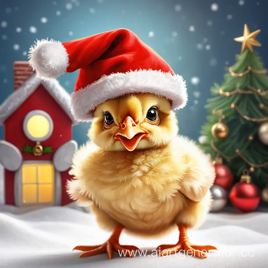  a little chicken in a Santa Claus hat