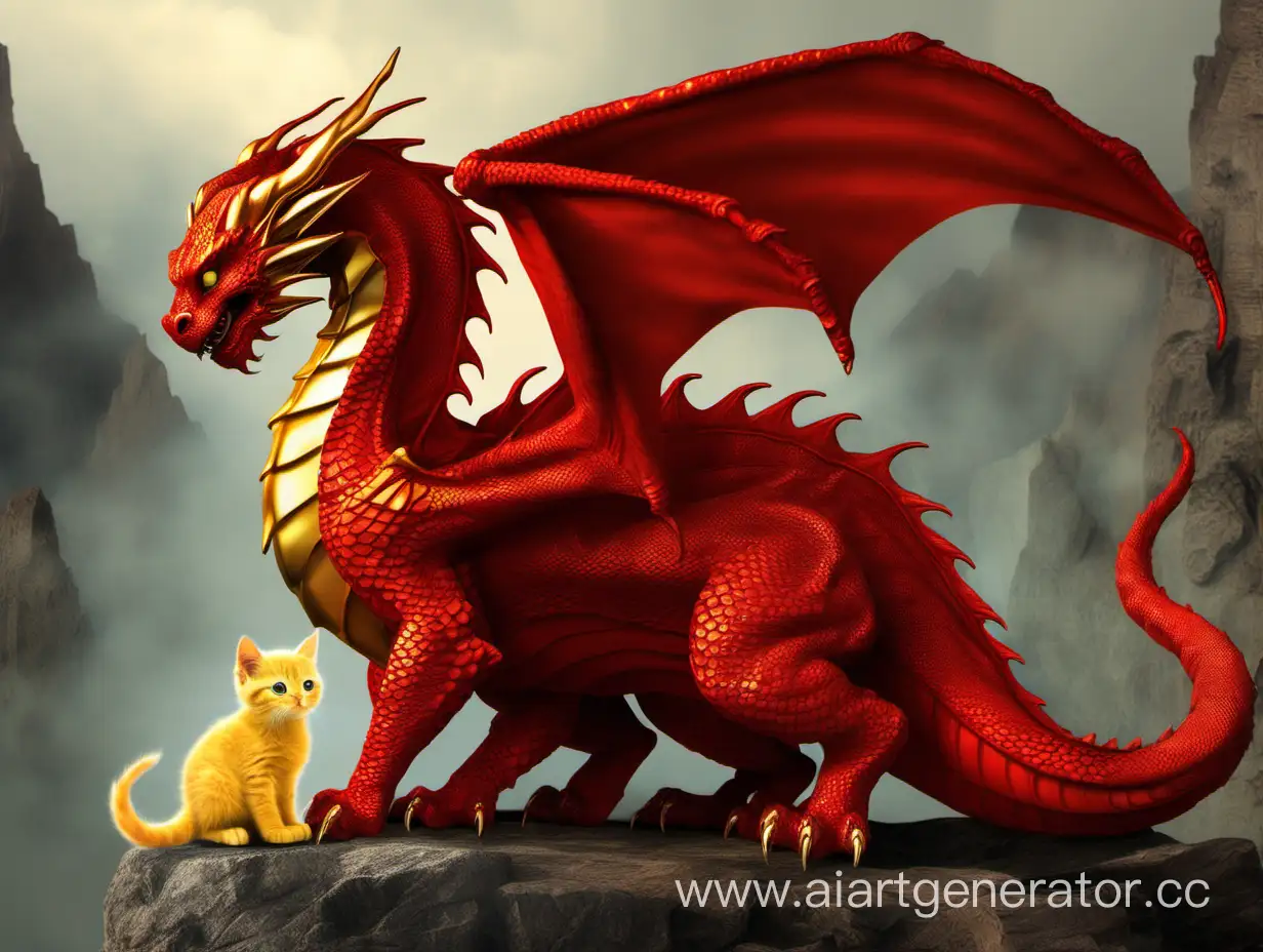 Majestic-Red-Dragon-and-Playful-Golden-Kitten-in-Enchanting-Encounter