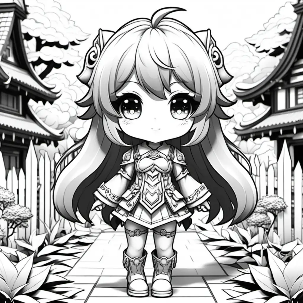 Adult coloring book. Black and white, no shading, no color. Highly detailed 3D kawaii chibi genshin impact. Outside background.