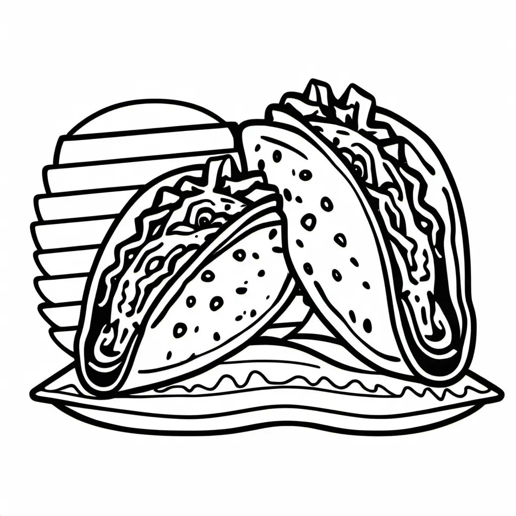 Tacos  bold ligne and easy , Coloring Page, black and white, line art, white background, Simplicity, Ample White Space. The background of the coloring page is plain white to make it easy for young children to color within the lines. The outlines of all the subjects are easy to distinguish, making it simple for kids to color without too much difficulty