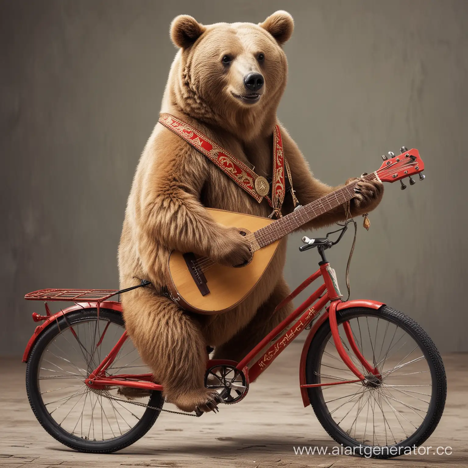 медведь едет на велосипеде, играет на балалайке, пьет водку