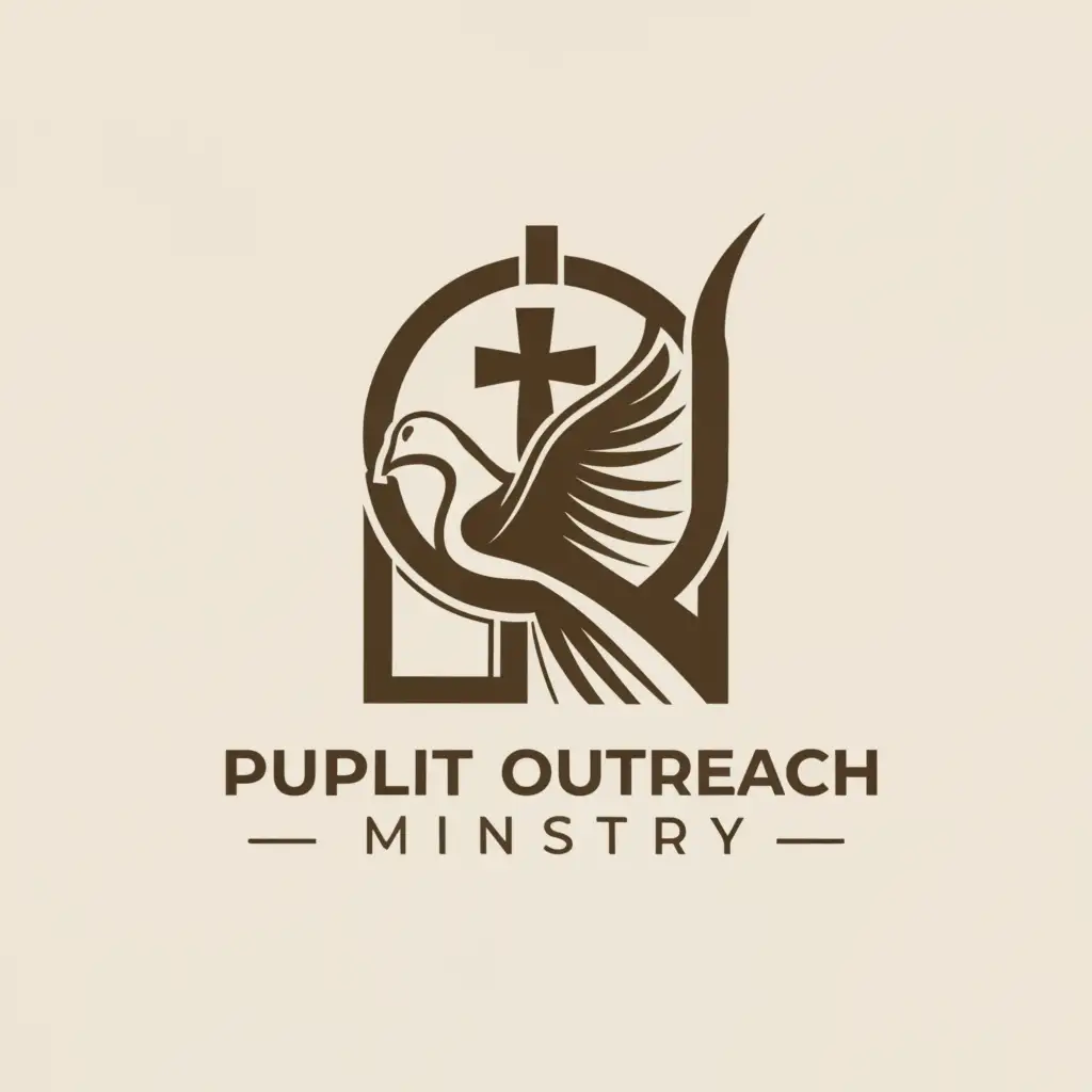 a logo design,with the text "PULPIT OUTREACH MINISTRY", main symbol:dove, cross, pulpit,complex,clear background