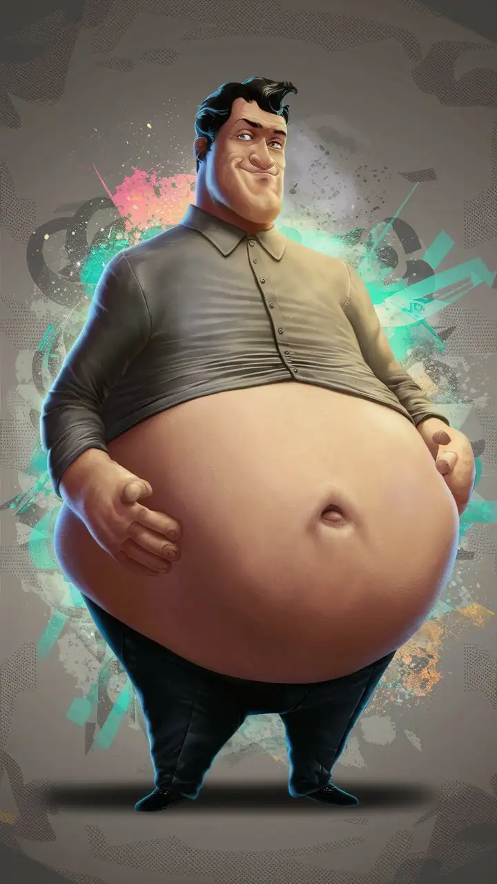 Create an image of a stylized male character standing front and center with a significant focus on his midsection, which is exaggerated in size, showing a grey, tight-fitting shirt that appears stretched around a large, bare belly. This belly prominently displays a belly button and has a subtle shadow below it, suggesting the weight and volume of the midsection, drawing attention to the contrast between the shirt and skin.



