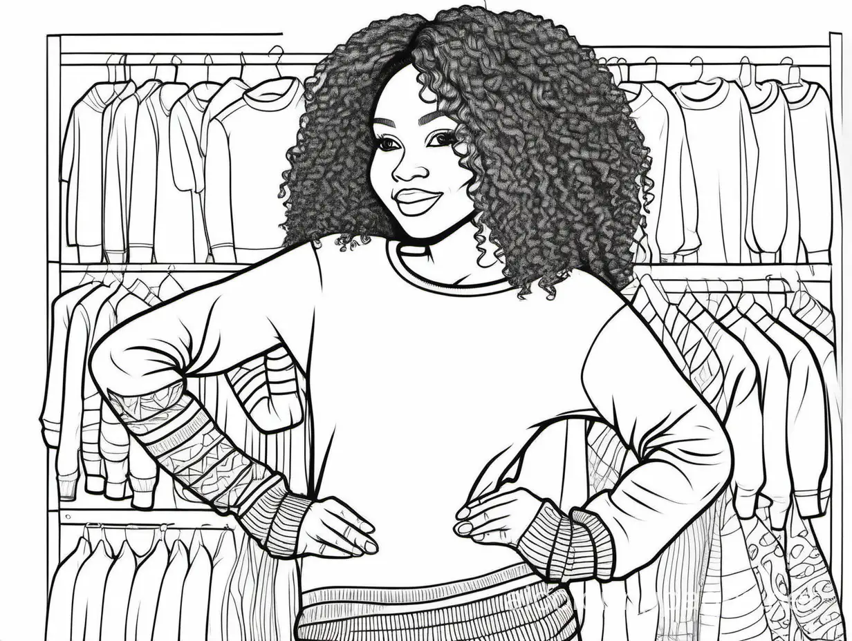 Pretty black woman holding sweater cuff , Coloring Page, black and white, line art, white background, Simplicity, Ample White Space. The background of the coloring page is plain white to make it easy for young children to color within the lines. The outlines of all the subjects are easy to distinguish, making it simple for kids to color without too much difficulty