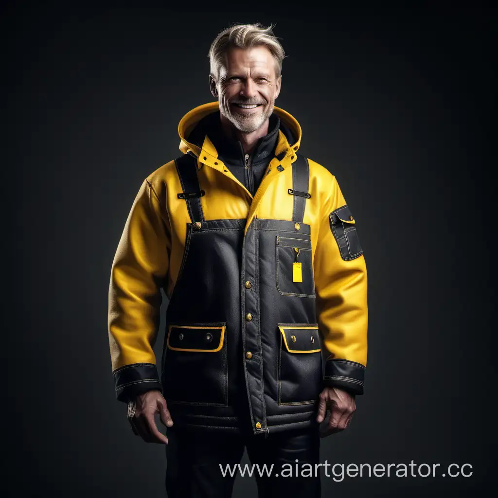 Beautiful highly insulated workwear, smile, scandinavian man, black and yellow fabrics, front and half-profile, full length view, cinematic, beautiful, elegant, RAW Photo, dynamic composition, G-Master Lens, Photorealistic, Hyperdetailed, natural light, soft lighting, masterpiece, best quality, ultra realistic, 8k, Intricate, High Detail in julie bell style