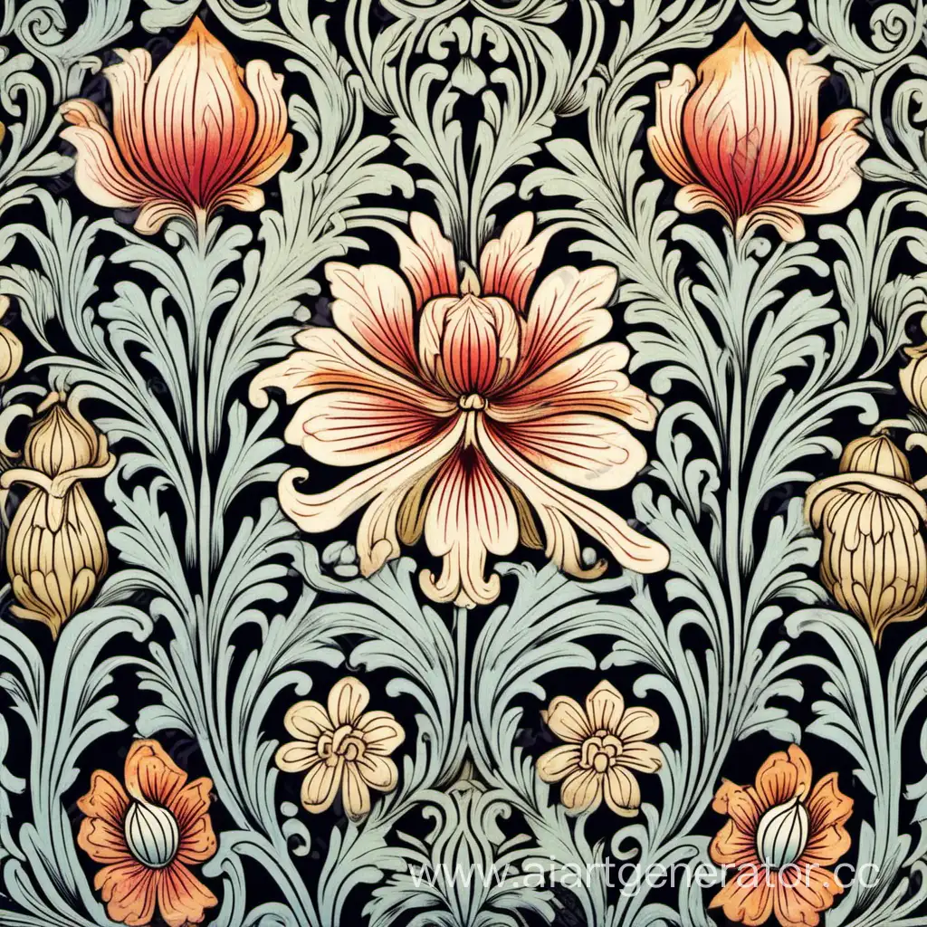 a pattern of floral, a silk screen by Sarah Morris, shutterstock contest winner, a flemish Baroque by William Morris, featured on pixiv, flemish baroque, arts and crafts movement, repeating pattern, woodcut, intricate patterns, beautiful colors, digital illustration, high quality, 4k, detailed, beautiful pattern, wallpaper, trending on artstation, sharp focus, studio photo, intricate details, highly detailed, by greg rutkowski