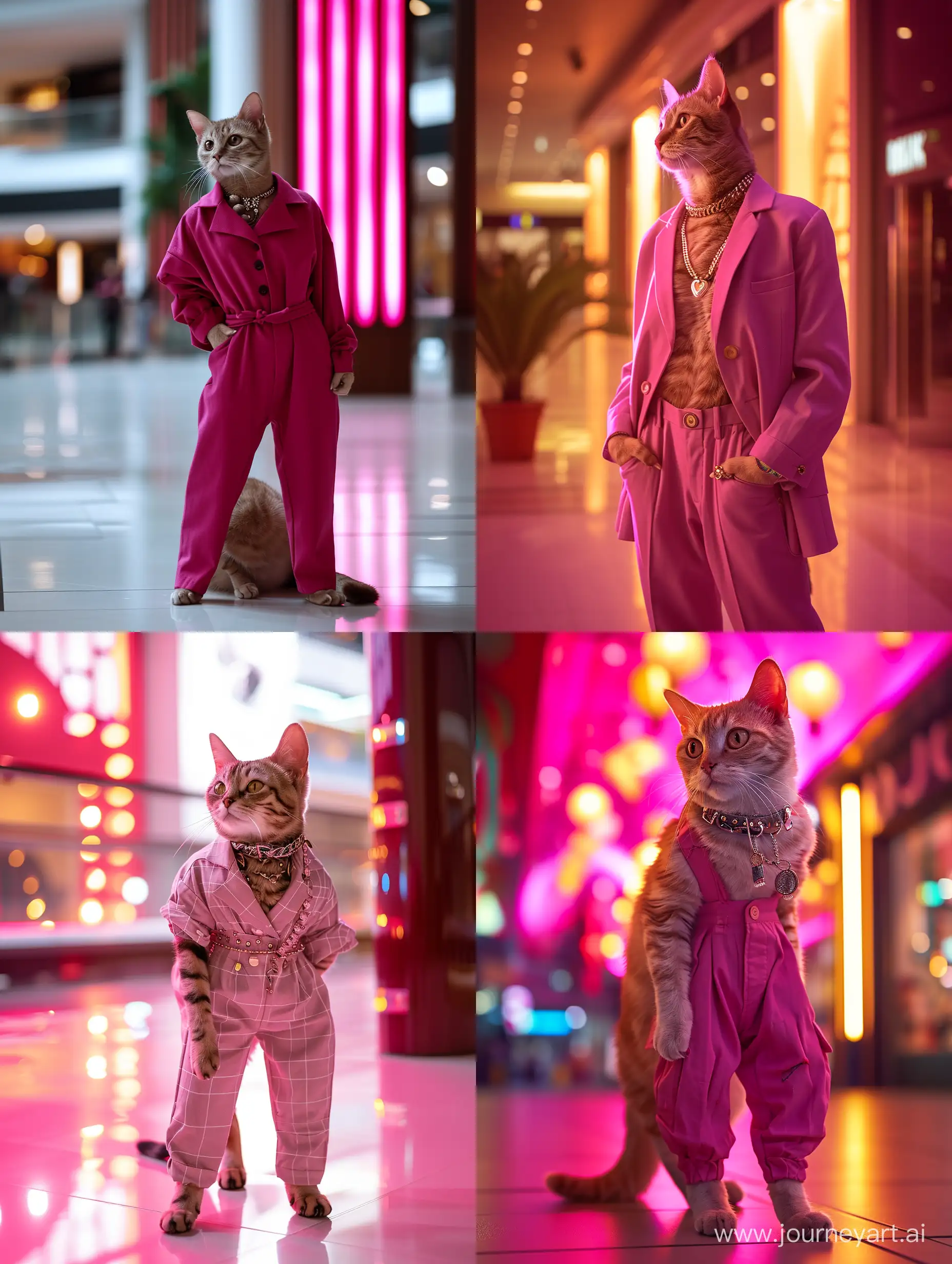 A cat in fashionable clothes Standing in the mall, in the style of glamorous hollywood portraits, light magenta and pink, 32k uhd, deconstructed hot pants tailoring, dramatic lighting effects, nyfw-inspired, modern jewelry 