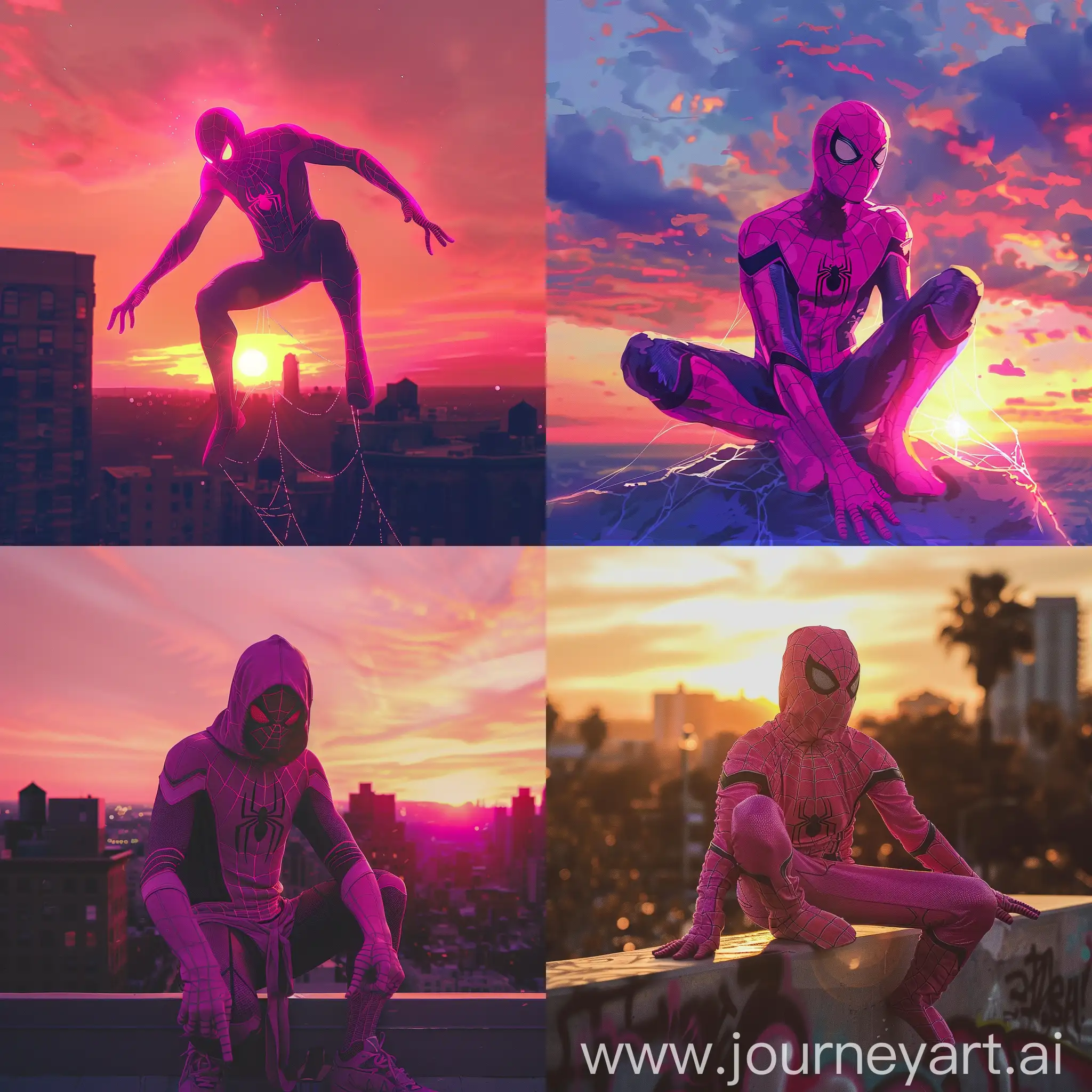 Pink-Spiderman-Watching-Sunset-Over-Urban-Landscape