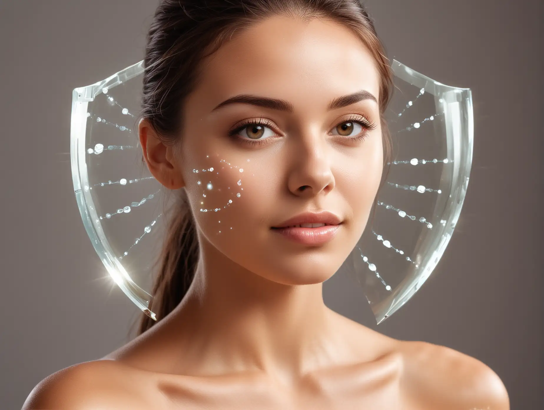 A glowing, radiant skin being protected by a shield made of glutathione molecules. The skin looks healthy and rejuvenated with a natural glow.