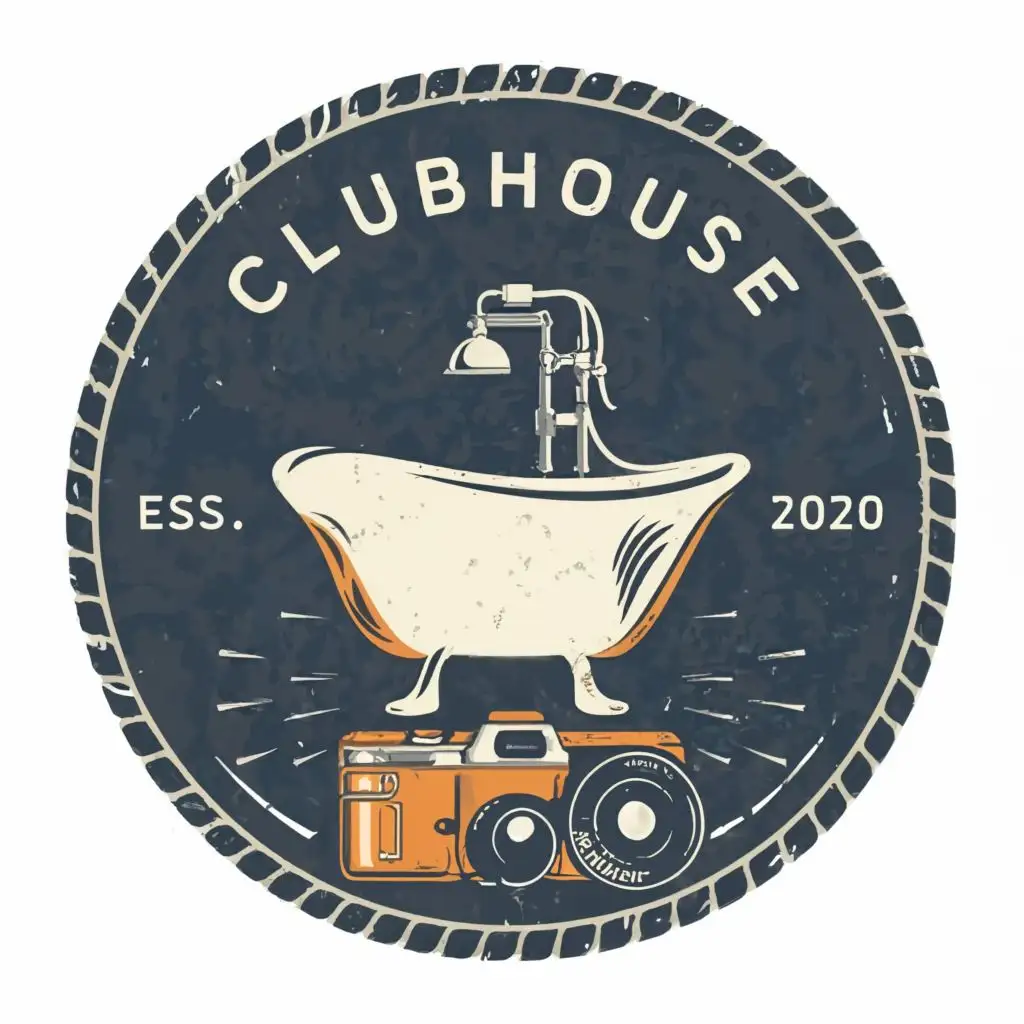 logo, freestanding bathtub without feet, camera on tripod, round badge, with the text "CLUBHOUSE", typography, be used in Travel industry