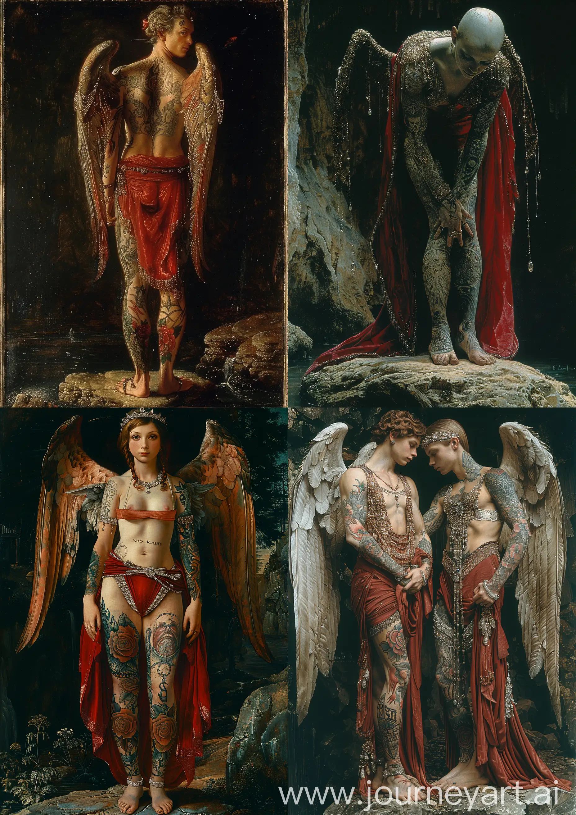 Edward Burne-Jones painting of a tattooed female  angel warrior wearing red clothes ornate in diamonds, silk and robes, doing bodybuilding, standing on a rock, high tones, high detailed, full body —c 22 —s 750 —v 6.0 —ar 5:7