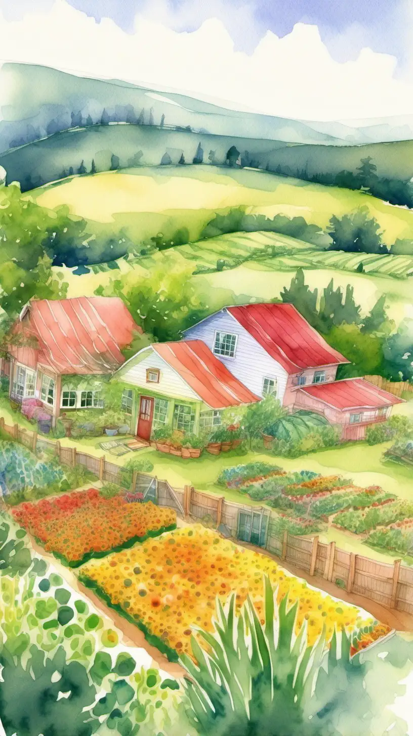 watercolor style, a beautiful 1 acre permaculture farm with rolling hills, bright and cheery 
feeling