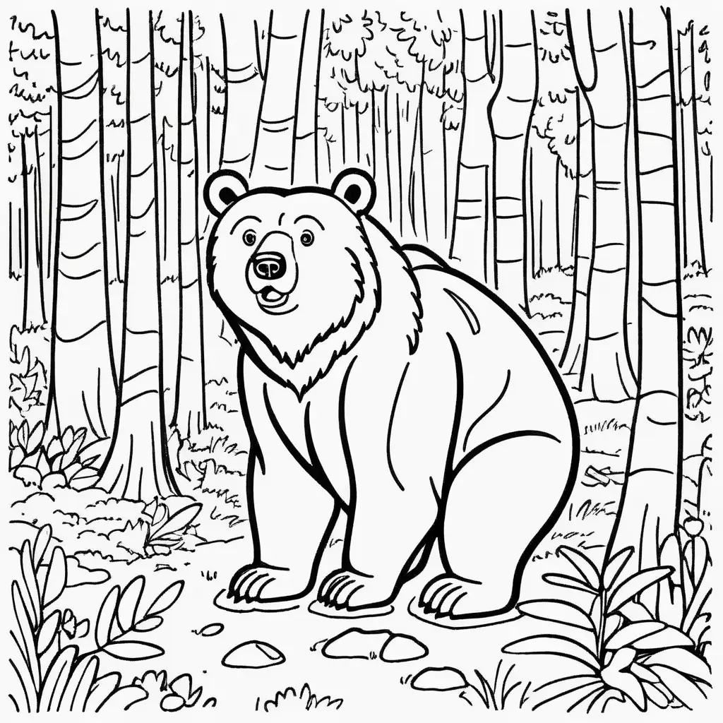 Bear in Woods Coloring Book Illustration