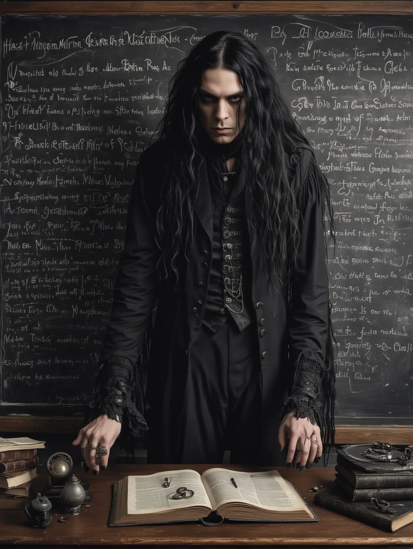  In a shadowy, Victorian-style classroom shrouded in the dim light of a stormy afternoon, a strict black metalhead teacher, a man clad in black with long, flowing black hair and numerous silver rings glinting on his fingers, stands imposingly. He towers by a large, old-fashioned blackboard, chalk in hand, etching arcane symbols and musical scales. Across from him sits a gothic girl in detention, her hair a cascade of raven locks, dressed in a Victorian goth attire with intricate lace, latex and velvet, her eyes fixed on a leather-bound book of gothic poetry resting on her desk. The atmosphere is heavy with a mix of rebellion and respect, an unlikely mentorship blooming in the heart of this academic gloom. Both ehte man and the girl has smokey eye make up and long black nails.
