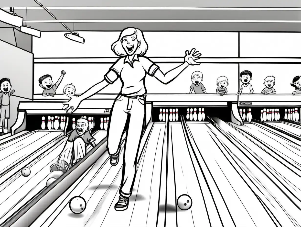 A cartoon of a  woman with white hair throwing a bowling ball down a bowling lane, a man with white hair and white beard hair,  young male child with short white hair, young male child with short white hair sitting behind the woman cheering for her at the bowling alley playing bowling, Black and white simple line art for children's colouring book