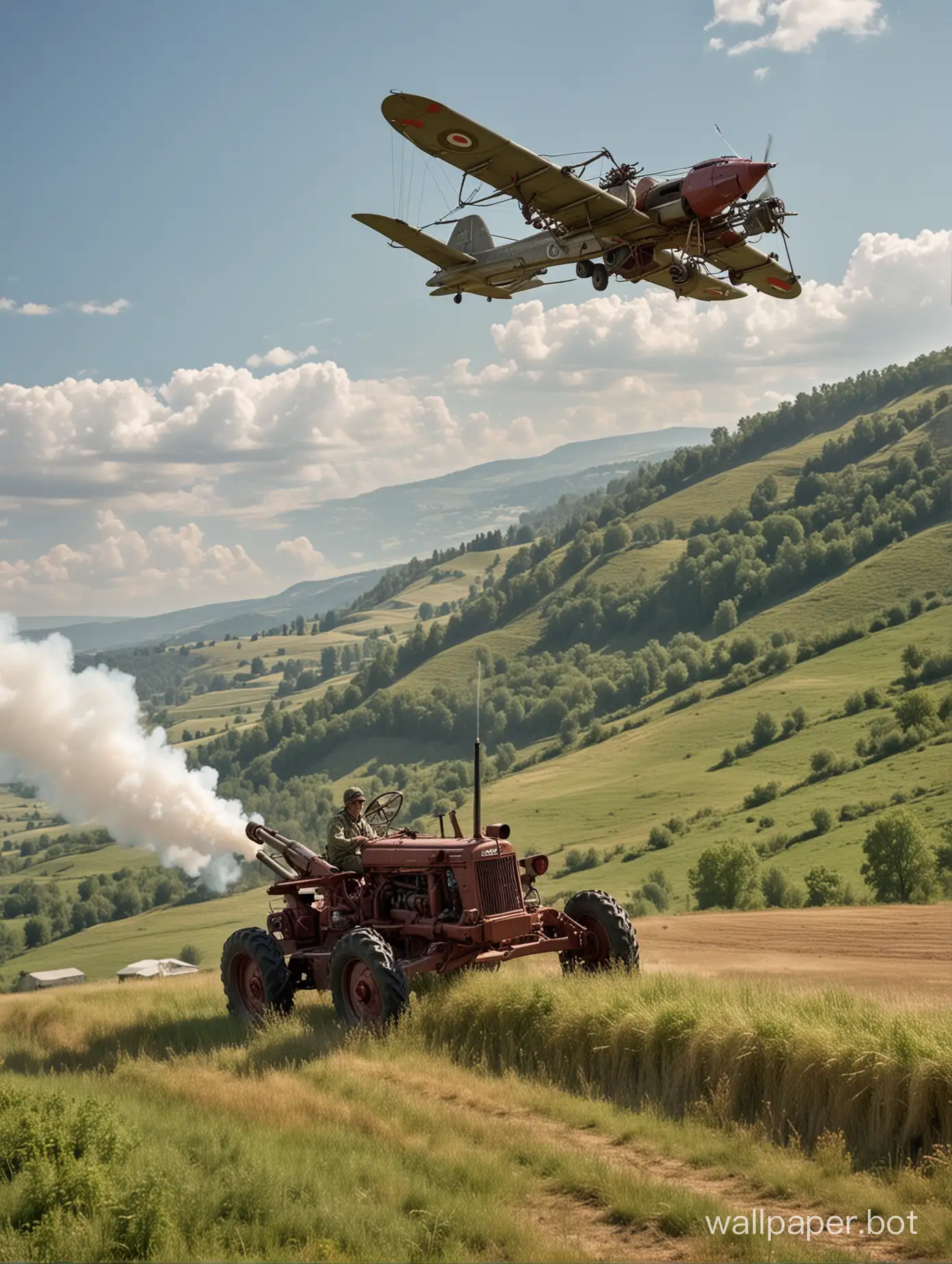The Zenith AK-630 anti-aircraft gun fires at a low-flying collective farm tractor above the hilltop, qualifying it as a low-flying slow-speed target, and generally they were right. It's hard to think of something more low-flying and slower.