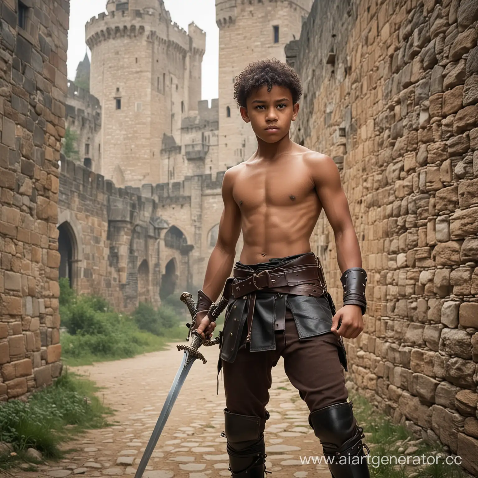 A very young black shirtless muscular teenage boy warrior wearing a short loincloth, a big leather belt and boots, carrying a sword and fighting in a castle.