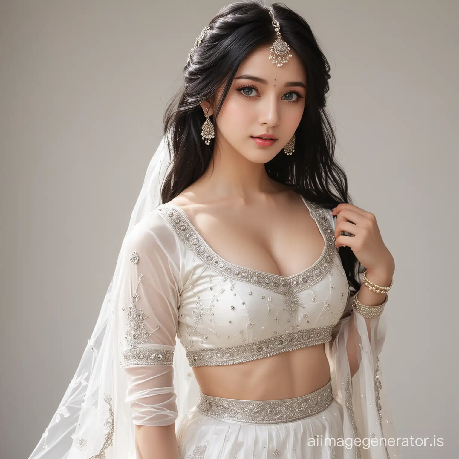 1girl,solo,blue eyes, black hair, wearing silk white lehenga choli korea girl' best quality realistic age 22 full bodies medium boobs, stunning