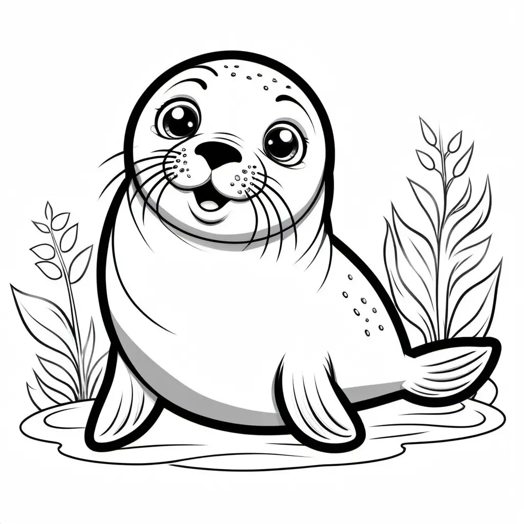 A cartoon illustration in black and white line art, of  a Seal. The style is cute Disney with soft lines and delicate shading. Coloring Page, black and white, line art, white background, Simplicity, Ample White Space. The background of the coloring page is plain white to make it easy for young children to color within the lines. The outlines of all the subjects are easy to distinguish, making it simple for kids to color without too much difficulty, Coloring Page, black and white, line art, white background, Simplicity, Ample White Space. The background of the coloring page is plain white to make it easy for young children to color within the lines. The outlines of all the subjects are easy to distinguish, making it simple for kids to color without too much difficulty