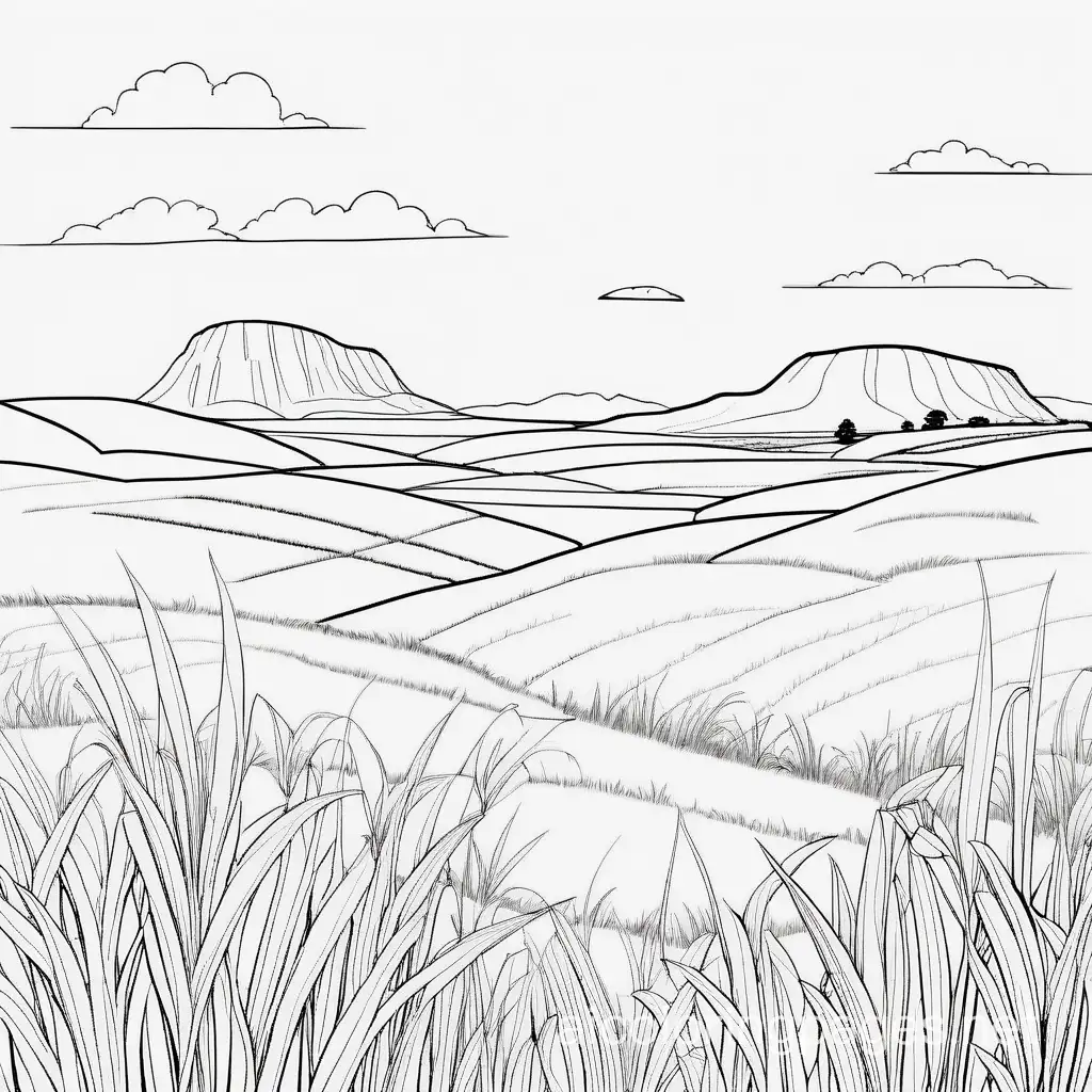 grass plain with distant bluffs, Coloring Page, black and white, line art, white background, Simplicity, Ample White Space. The background of the coloring page is plain white to make it easy for young children to color within the lines. The outlines of all the subjects are easy to distinguish, making it simple for kids to color without too much difficulty