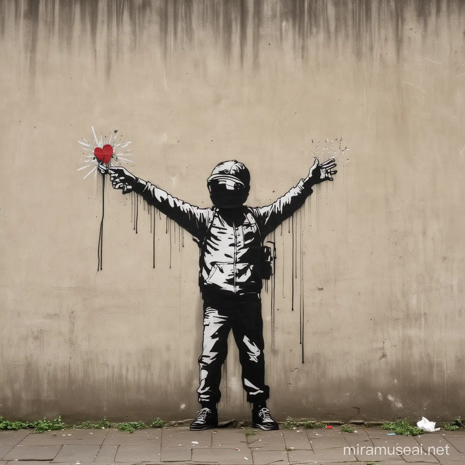 Make a graffiti on a wall in Banksy style that raises awareness of wats in the world