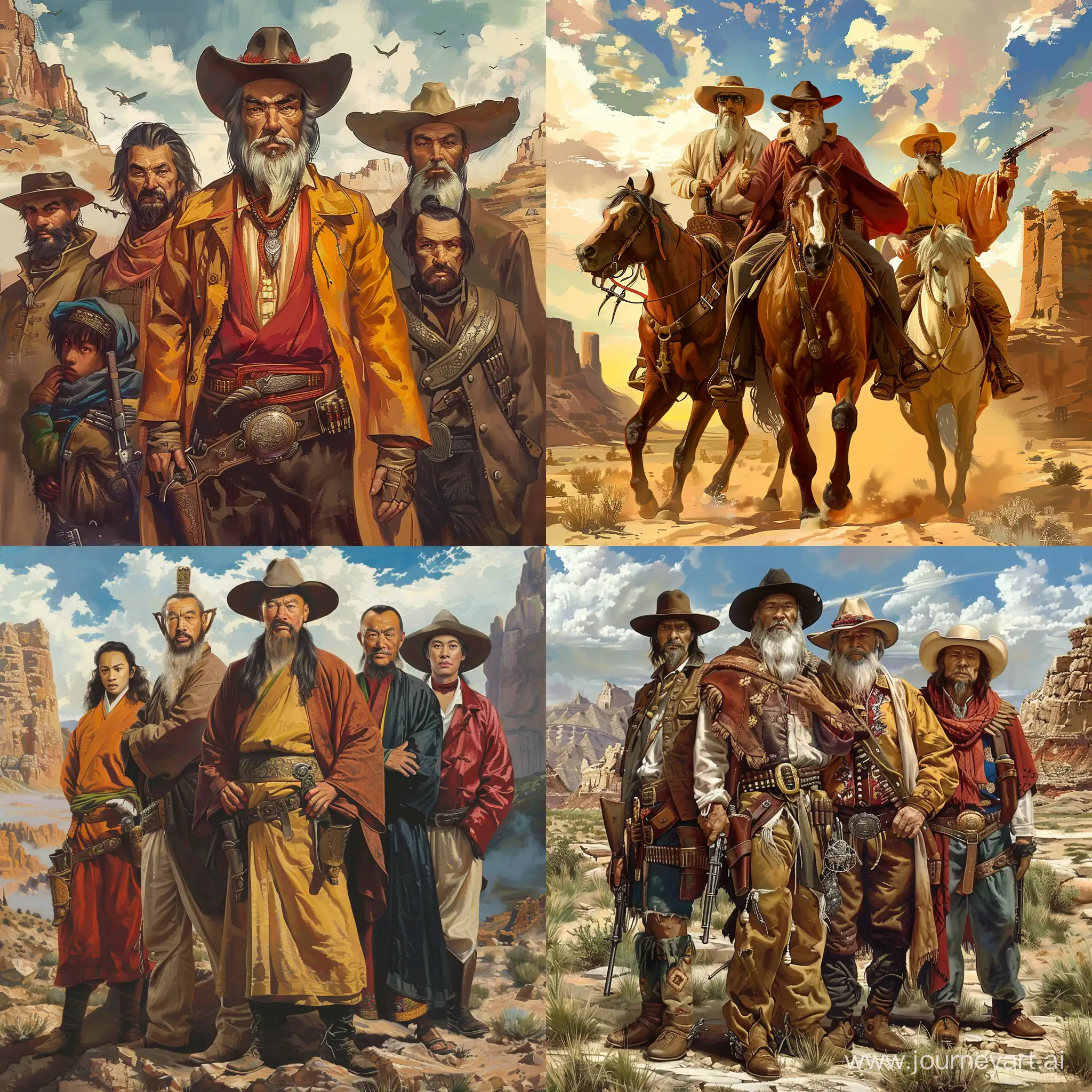 用西部拓荒牛仔风格画出西游记师徒形象