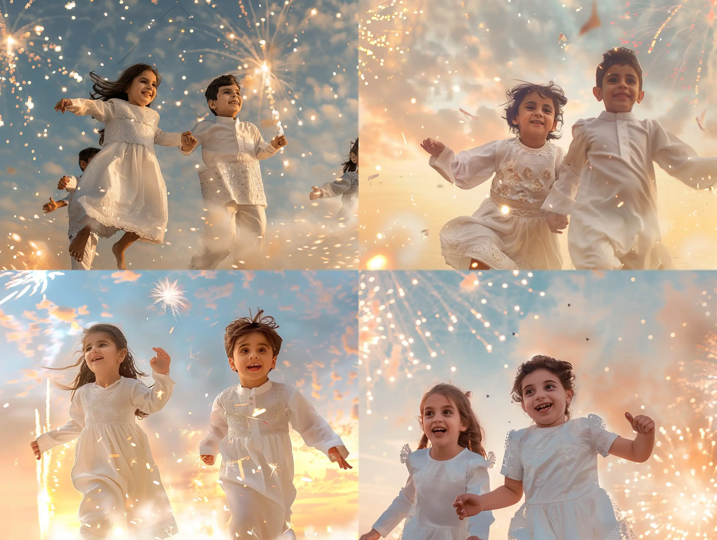 Children in white Eid dresses, running happily in the sky with fireworks, manifestations of the blessed Eid al-Fitr
Professional portrait photography, HD digital camera, contemporary era, warm color palette., Portrait, Realism, Keyshot, Normal perspective, Mirrorless Camera, Natural Light, Delight,