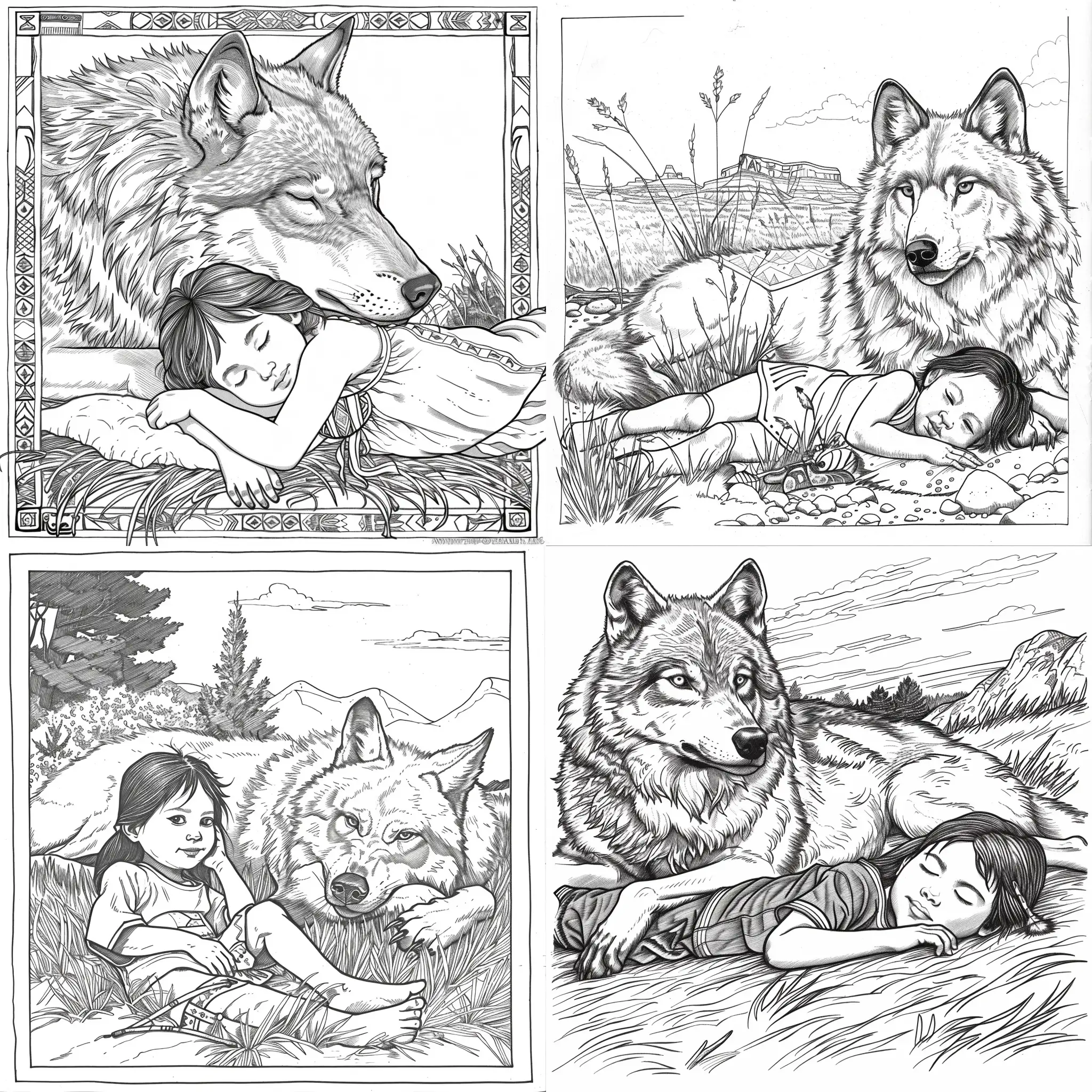 Imagine a Native American coloring book page with no backgroud and a native american child laying by a wolf for a 8.5 x 11 page