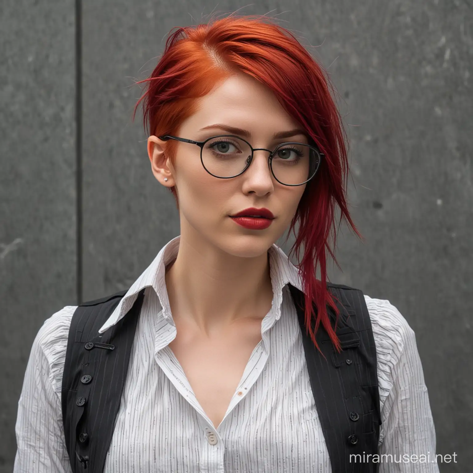 a cyberpunk woman with scarlet red hair resting on the right and almost shaved side hair on the left, she wears a a white thin striped blouse slightly open on the first row of buttons and over the blouse over a dark vest, she wears eyeglasses, she has a dark lipstick