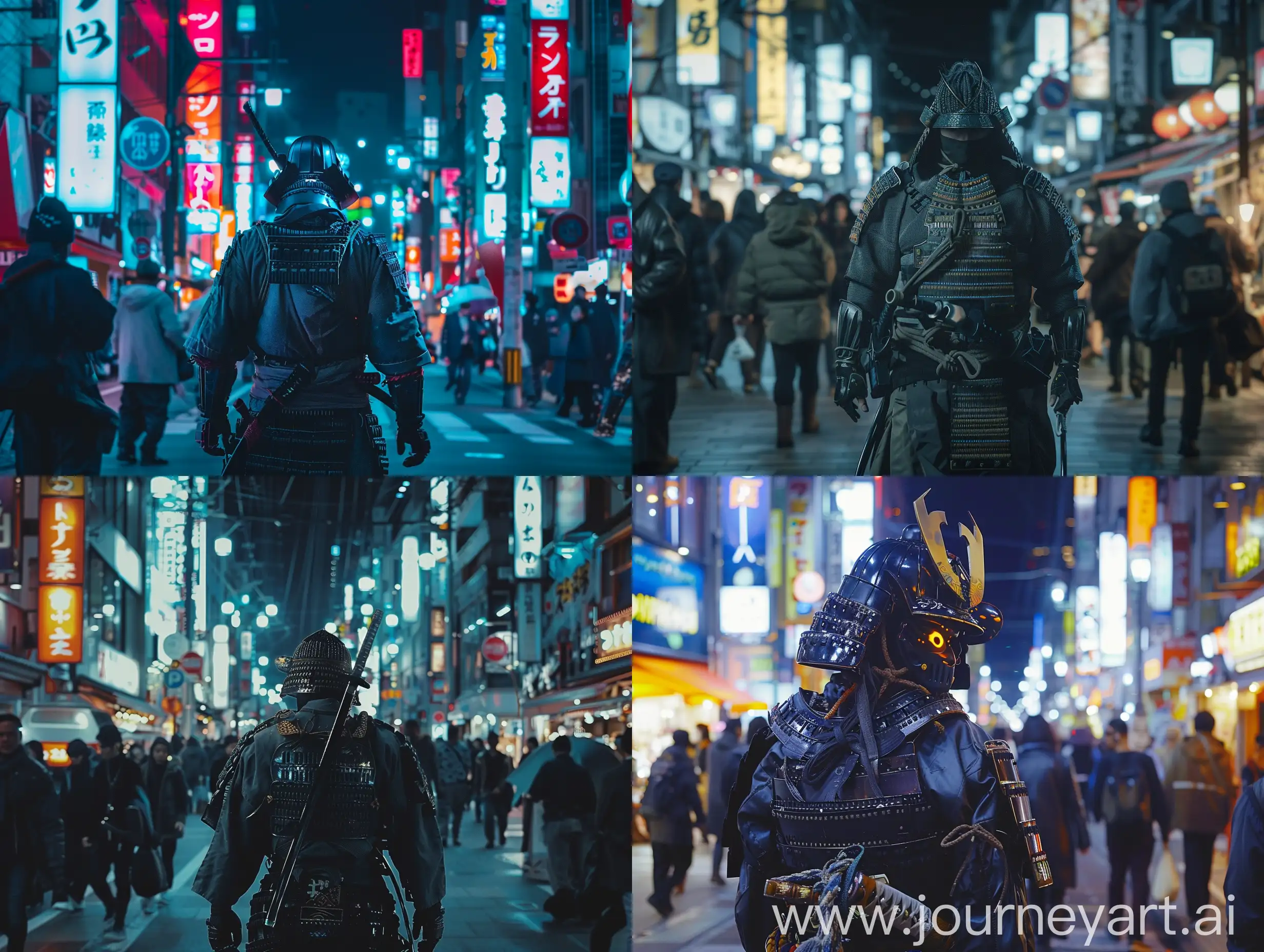 Samurai-Cyberpunk-Stroll-Through-Bustling-Night-Streets