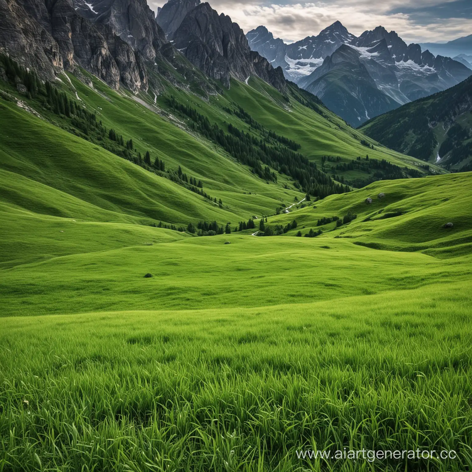 Serenity-in-Mountainous-Landscapes-Tranquil-Green-Grass-and-Towering-Peaks